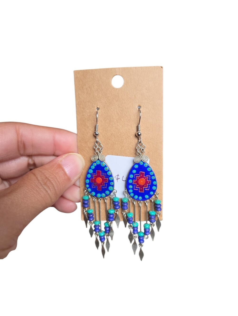 Silver Toned Blue Red Teardrop Beaded Dangle Earrings 4"